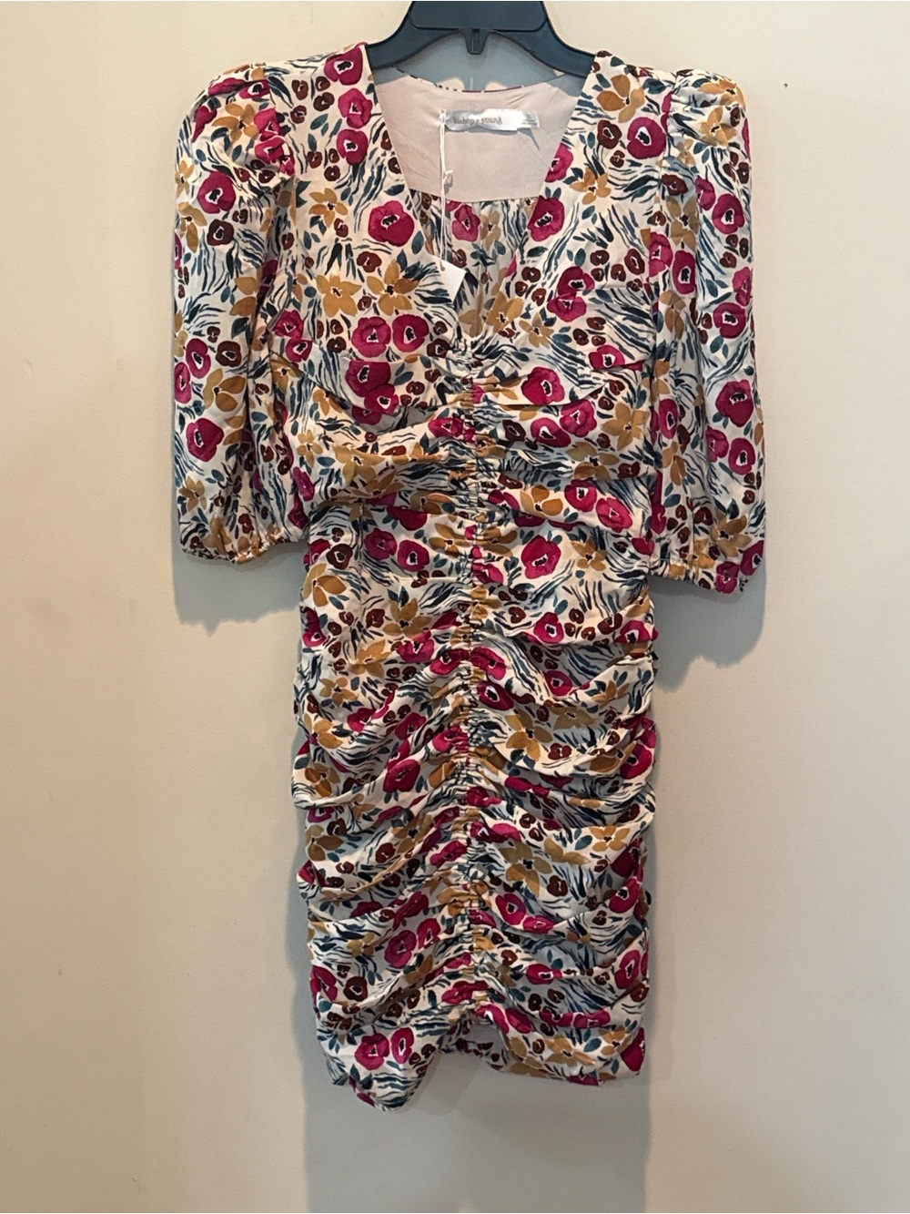 bishop + young Floral Ruched V-Neck Mini Dress in Ivory, Pink & Mustard